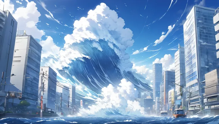 High definition、high resolution、Masterpiece、Tokyo buildings hit by tsunami、City壊滅、blue sky、City、City、Giant tsunami、Buildings、Makoto Shinkai style、