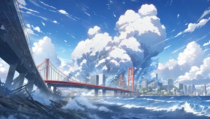 High definition、high resolution、Masterpiece、Tokyo Bay is hit by a tsunami、Gulf Coast Destruction、blue sky、City、Destructive、City、Giant tsunami、bridge、Makoto Shinkai style、