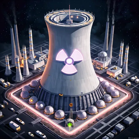 arafed nuclear power plant with a neon sign on top of it, nuclear reactor, nuclear energy future, nuclear powered, nuclear power...