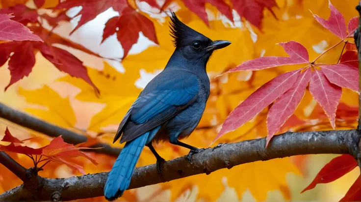 Ultra-high-definition 8K close-up photo of a Pacific Stellers Jay perched gracefully on a maple tree branch. The bird is in a striking pose, surrounded by vivid golden and fiery red maple leaves, with a stunning close-up of the vibrant foliage.