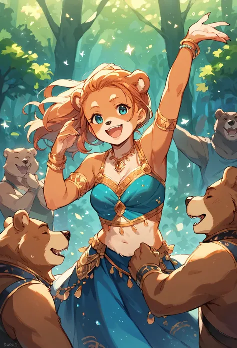 rating_safe, score_9, score_8_up, score_7_up, score_6_up, score_5_up, score_4_up, hires, source_furry(super cute 1girl, bear, pair)singing, dancing, waltz, boys, girls, forest, good lighting,