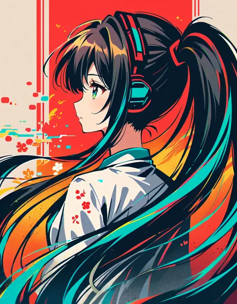 illustration, glitch art, Digital noise, hatsune miku, Deep and charming eyes, super detailed, Hatsune Miku wearing a white suit, American comic style, amazing moment，The girl in red, Back focus, flowing long black hair, Chinese painting, ink style. Four s...