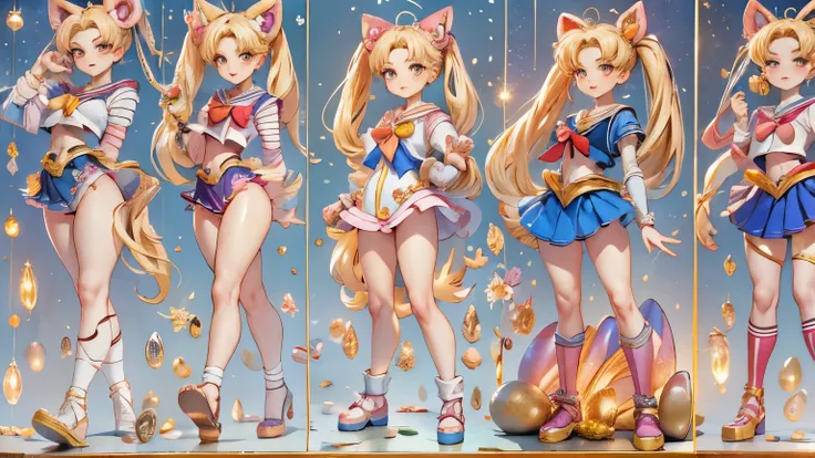 Draw Sailor Moon in her signature sailor suit, including the golden tiara, the red bow on the chest and the blue skirt. Make sure to include her long blonde hair in two pigtails with crescent moon decorations. The pose must be dynamic, as if in the middle ...