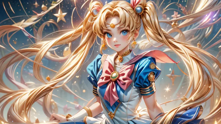 Draw Sailor Moon in her signature sailor suit, including the golden tiara, the red bow on the chest and the blue skirt. Make sure to include her long blonde hair in two pigtails with crescent moon decorations. The pose must be dynamic, as if in the middle ...