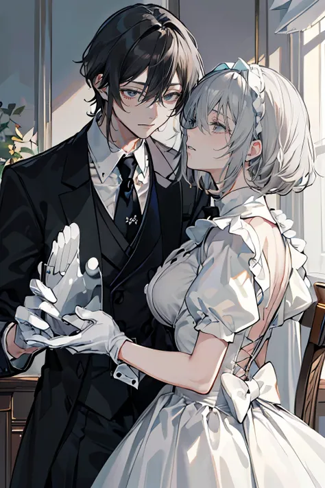 (Mastepiece)、(Best Quality)、Very detailed、((Two intimate butlers:1.5))、Perfect Face、Beautiful Face、Very detailedな顔、(Black-haired man:1.3)、(Grey-haired man:1.3)、Black butler uniform、Glasses、(White gloves:1.3)、Smiling face