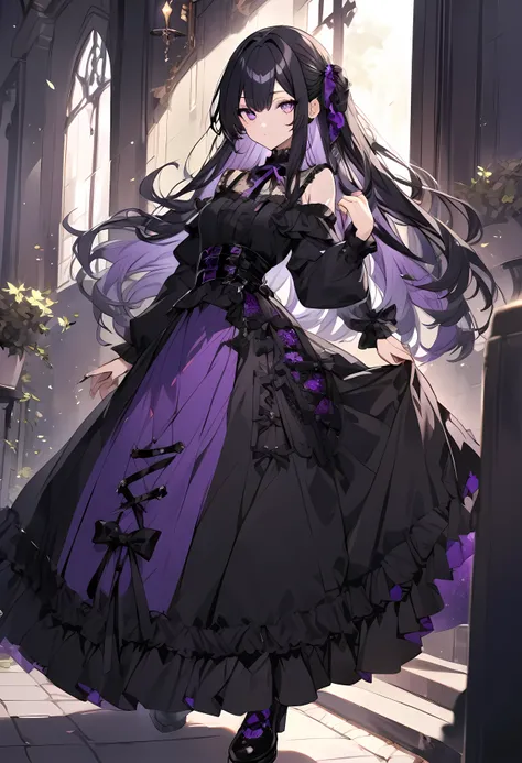 Girl with long black hair,Sparkling purple eyes,Gothic Lolita,long skirt,