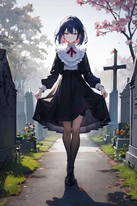 Young girl, アニメ, ful dressed, Flat Breast, num cemetery, natta, grimdark, murky, ambiente murky, tenuous, shunlight, darkness, アニメ, serious face, complete body, corpo delgado, , ful dressed lindo, ful dressed com velo. dress open 