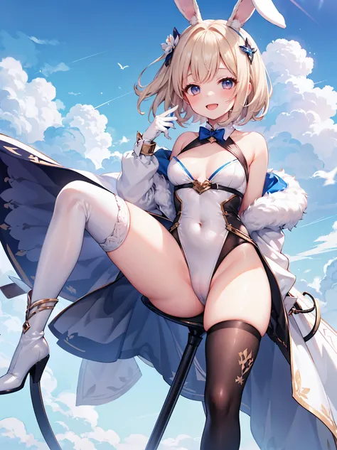 GRANBLUEfantasy,1young_teen_ girl,short_hair,platina_blond_hair,white_leotard,covered_crotch,thigh-highs,smile,standing,bluesky_landscape_background,slightly_spread_legs,happiness, short_gloves ,solo, r18, navel,relicbuster,short,boots,open_mouth,sitting,k...