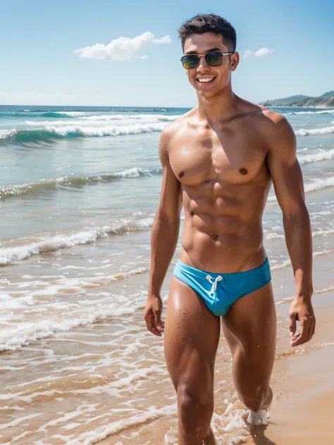 (photorealistic:1.4, ultra realistic, masterpiece:1.2, best quality, 4k), cute young teenage boys along the shore at the beach, slender body, skinny, wearing on swim brief and sunglasses, playful poses, splashing waves, running along the shoreline, playful...