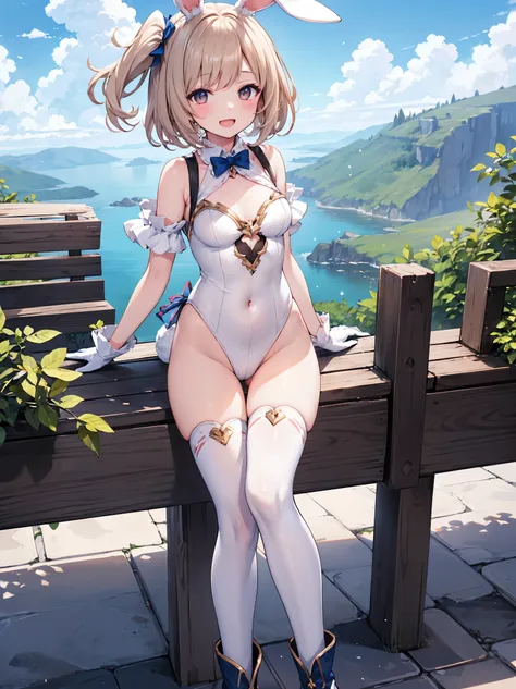 GRANBLUEfantasy,1young_teen_ girl,brown_hair,medium_bob_hair,platina_blond_hair,white_leotard,covered_crotch,thigh-highs,smile,standing,bluesky_landscape_background,slightly_spread_legs,happiness, short_gloves ,solo, r18, navel,relicbuster,short,boots,open...