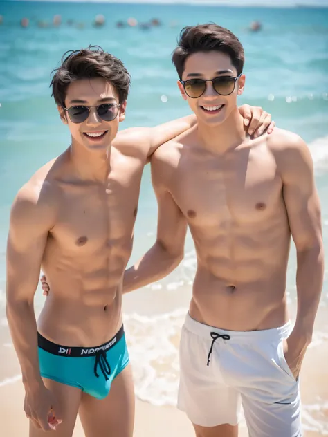 (2boys, photorealistic:1.4, ultra realistic, masterpiece:1.2, best quality, 4k), handsome young men age 18 along the shore at the beach, slender body, skinny, wearing on swim brief and sunglasses, playful poses, splashing waves, running along the shoreline...