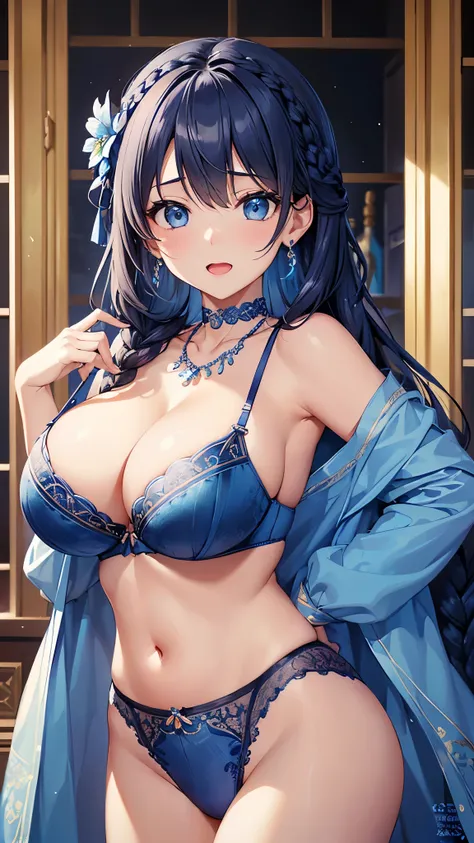 Highest quality、Highest quality、masterpiece、(8k resolution),beauty(Age 25)、(Mature Appearance)、Long Hair(Braiding of sides)、blue eyes、(Intricately embroidered underwear、bra)、Big cleavage、((Super big breasts))、Excited expression、blue necklace、Blue Earrings、...