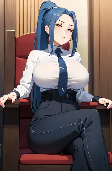 (masterpiece) (highest quality) meimei, skin-tight clothes, wavy bone structure, big breasts, blue tie, blue hair, black clothes...