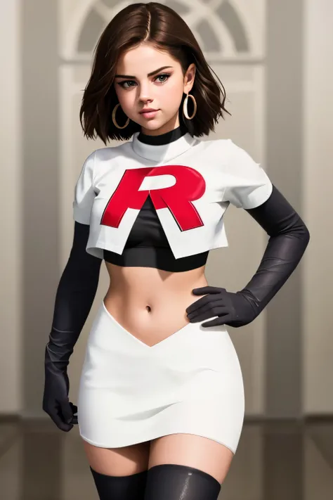 The face of Selena gomez, 1girl, solo, team rocket,team rocket uniform,white skirt,red letter R,crop top,black thigh-highs,black elbow gloves, earrings, large breasts, 