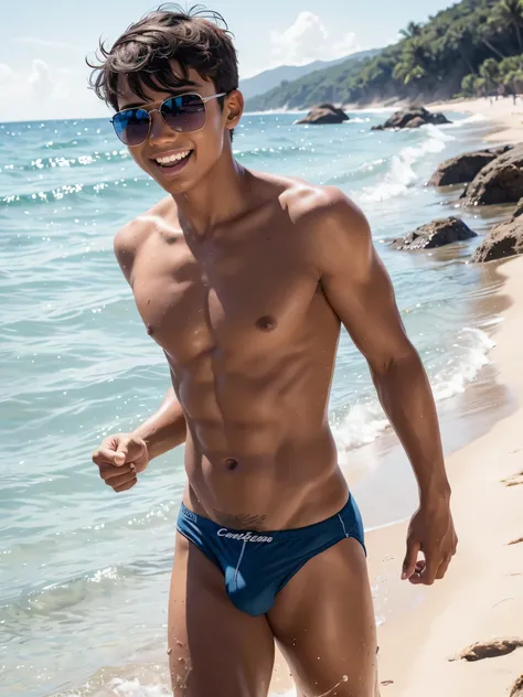 (photorealistic:1.4, ultra realistic, masterpiece:1.2, best quality, 4k), cute young teenage boys along the shore at the beach, slender body, skinny, wearing on swim brief and sunglasses, playful poses, splashing waves, running along the shoreline, playful...