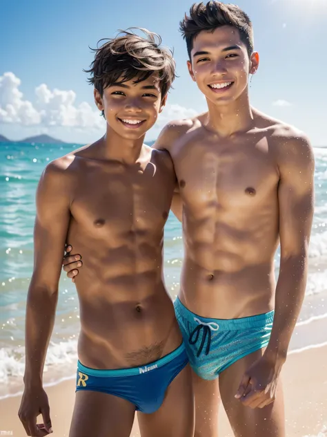 (2boys, photorealistic:1.4, ultra realistic, masterpiece:1.2, best quality, 4k), cute young boys along the shore at the beach, age 18, slender body, skinny, wearing on swim brief and sunglasses, playful poses, splashing waves, running along the shoreline, ...