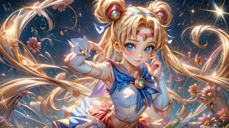 Draw Sailor Moon in her signature sailor suit, including the golden tiara, the red bow on the chest and the blue skirt. Make sure to include her long blonde hair in two pigtails with crescent moon decorations. The pose must be dynamic, as if in the middle ...