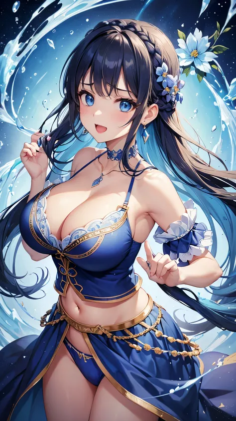 Highest quality、Highest quality、masterpiece、(8k resolution),beauty(Age 25)、(Mature Appearance)、Long Hair(Braiding of sides)、blue eyes、(Intricately embroidered underwear、bra)、Big cleavage、((Super big breasts))、Excited expression、blue necklace、Blue Earrings、...