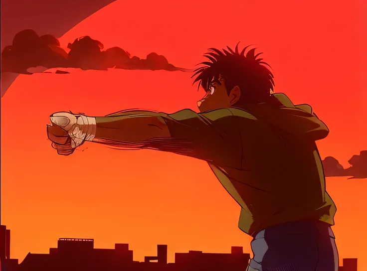 A man , character from anime(hajime no ippo), training on a beautiful sunset