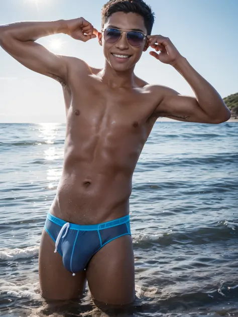 (photorealistic:1.4, ultra realistic, masterpiece:1.2, best quality, 4k), cute young pre-teenage boy age 12 along the shore at the beach, slender body, skinny, wearing on swim brief and sunglasses, playful poses, splashing waves, running along the shorelin...