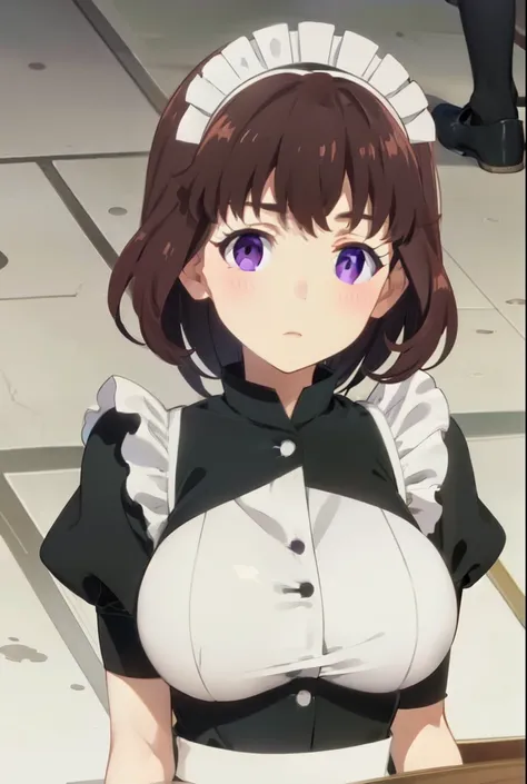 nia, brown hair, violet eyes, big breast, perfect body, maid, servaint, tits, visible breast, open breast