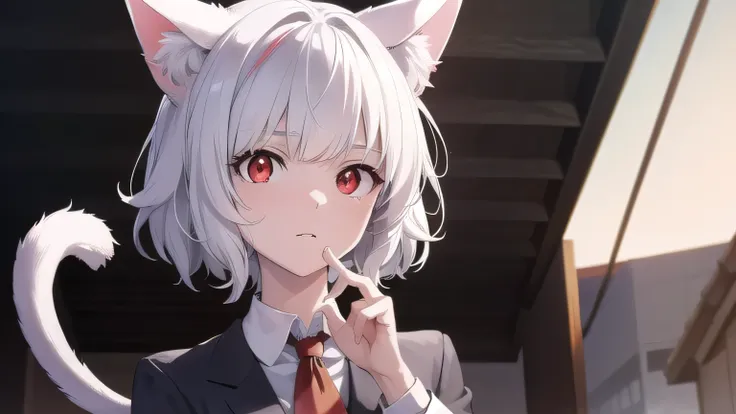 neferpitou, short hair, (red eyes:1.5), suit, animal ears, white hair, shorts, cat ears, cat tail, curly hair, BREAK looking at viewer, BREAK outside, BREAK (masterpiece:1.2), best quality, high resolution, unity 8k wallpaper, (illustration:0.8), (beautifu...