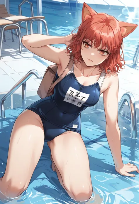 MisshaKarlstein, cat woman, red eyes, red hair, short hair,school swimsuit,on the swimming pool
