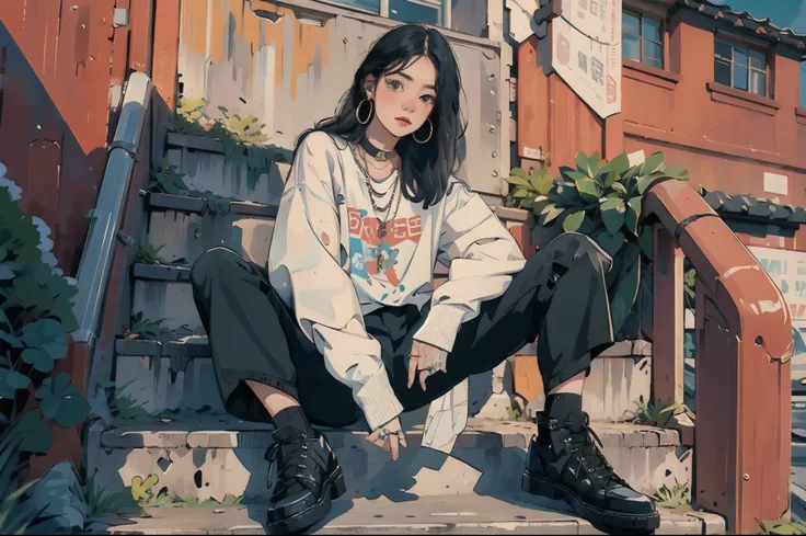 ((masterpiece)), best quality, perfect anatomy, 8k wallpaper, 1girl, solo, black shoes, black hair, printed shirt, long hair, ne...