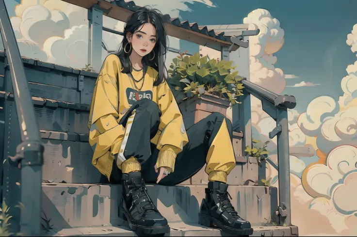 ((masterpiece)), best quality, perfect anatomy, 8k wallpaper, mchinachic, 1girl, solo, black shoes, black hair, yellow print shi...