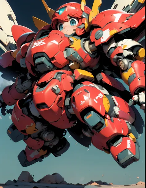 (((1 chibi girl in large red-colored robot costume, from below))), (holding weapons), (((helmet:1.5))), (((looking down:1.4))), ...