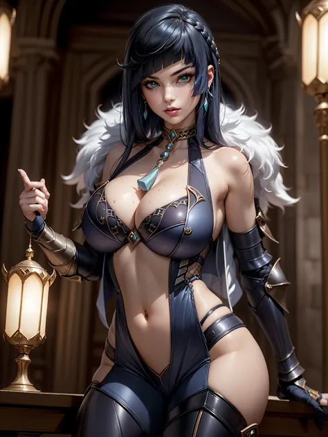 1girl,(sexy armor:1.5), full body, (depth of field), masterpiece,8k, dynamic poses, ultra detail, (pretty face:1.4), (stocking:1.5), (navel:1.5), (large breasts:1.8), (perfect body:1.2), (cynematic light:1.5), (fantasy vibes:1.5), (req glowing eyes), (insi...