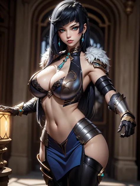 1girl,(sexy armor:1.5), full body, (depth of field), masterpiece,8k, dynamic poses, ultra detail, (pretty face:1.4), (stocking:1.5), (navel:1.5), (large breasts:1.8), (perfect body:1.2), (cynematic light:1.5), (fantasy vibes:1.5), (req glowing eyes), (insi...