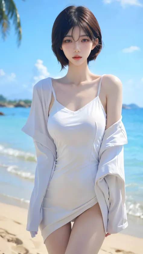 Beautiful woman with perfect figure:1.6，Ultra-high resolution，4K，Beach Background，Long hair，Big Breasts，cute，White legs，(Lifelike:1.4)，Layered hairstyle，White skin，whole body，Very delicate face and skin texture，Double eyelids，Skin Whitening，