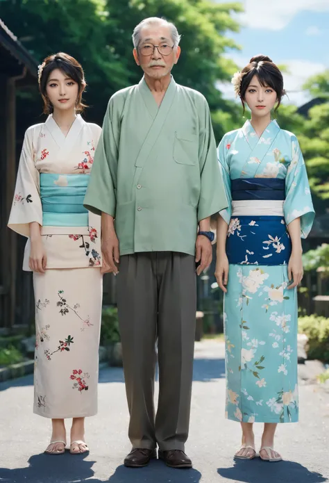 High resolution、High level image quality、high detail、masterpiece、realistic skin,、rough skitomically correct)、(two men and women standing together)、((2 Japanese cute 、1 Japanese male grandfather)）、((whole body_from head to foot))、