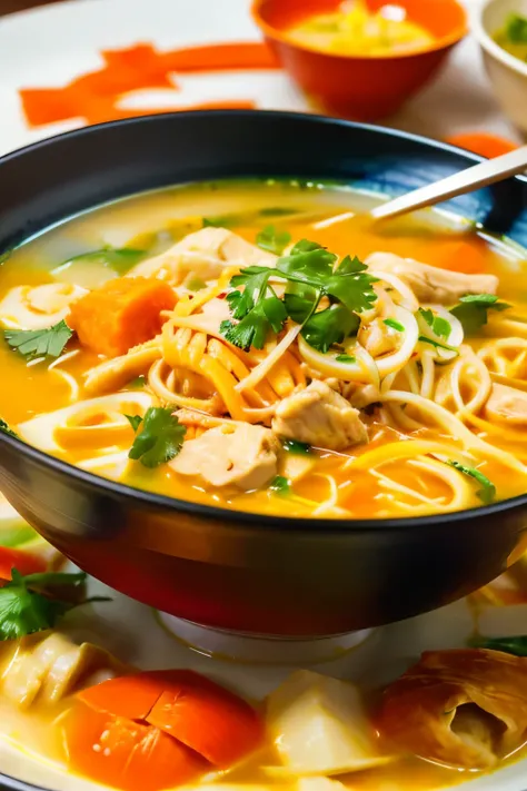 A close-up photo of a steaming bowl of Singaporean laksa, with the focus on the rich, reddish-orange broth and the colorful array of noodles, chicken, and vegetables. The lower half of the image can be left blank for text.