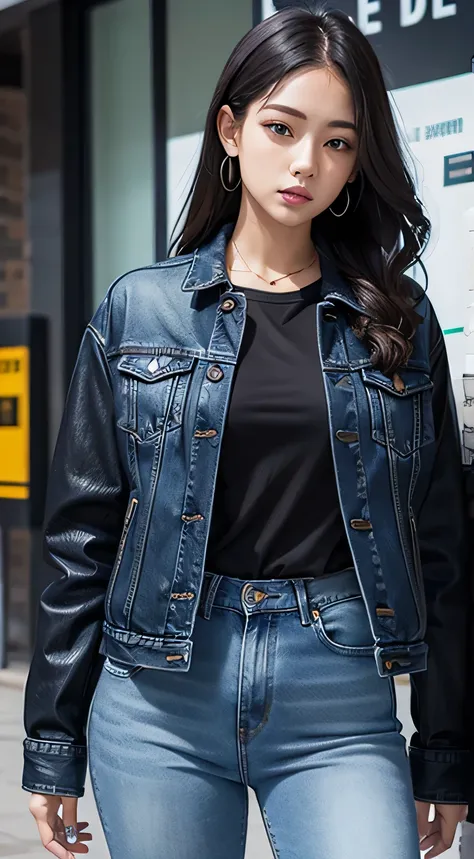 woman in black jacket and blue jeans, front pose