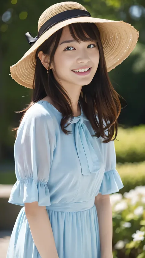 (Surreal), (High resolution), (8k), (Very detailed), (Beautiful and detailed), (Highest quality), (Very detailedな), (masterpiece), (Detailed face), Soft Focus、Yui Arakakis face、Huge 、Japanese、Park Background、Tie your hair、Laughter、Floral dress、Straw hat、Fu...