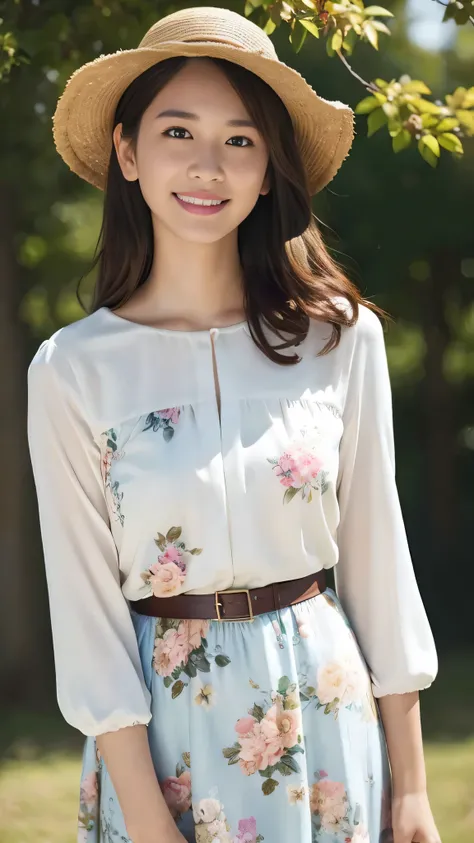 (Surreal), (High resolution), (8k), (Very detailed), (Beautiful and detailed), (Highest quality), (Very detailedな), (masterpiece), (Detailed face), Soft Focus、Yui Arakakis face、Huge 、Japanese、Park Background、Tie your hair、Laughter、Floral dress、Straw hat、Fu...