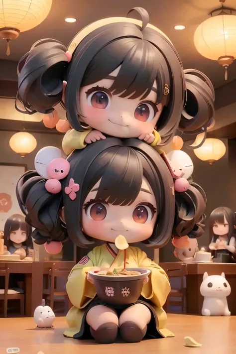 Two sisters chibi anime style, smiling with joy. Dark hair fringe. Both sisters eating ramen. Warm ambiance, Korean decoration, kpop dressing and accesories.