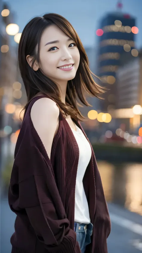 (Surreal), (High resolution), (8k), (Very detailed), (Beautiful and detailed), (Highest quality), (Very detailedな), (masterpiece), (Detailed face), Soft Focus、Yui Arakakis face、Huge 、Japanese、City background、Tie your hair、Laughter、camisole、Long sleeve card...