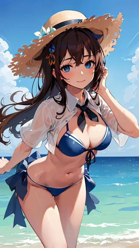 (masterpiece), (Highest quality), (Very detailed), Realistic, (Best illustrations), (Very delicate and beautiful), One girl, alone, Detailed landscape, Sparkling Beach, blue sky, White cloud, kcshigurek3su, Cowboy Shot, Leaning forward, Detailed iris, Deta...