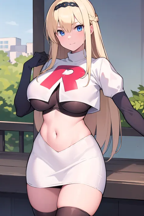 masterpiece, best quality,simple eyes,outdoors,1girl,north carolina,bangs, blonde_hair, blue_eyes,large breasts, eyebrows_visible_through_hair, hairband, long_hair, long_sleeves, looking_at_viewer, team rocket,team rocket uniform,white skirt,red letter R,c...