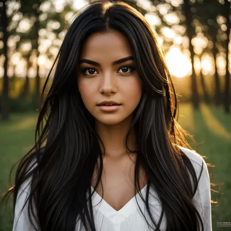 A photorealistic portrait of a 2 girl black long, flowing dark haire and striking dark eyes. she should have a natural, apptoachable expression and be illuminated by soft, golden-hour sunlight. the background should be scenic outdoor setting, perhaps a sun...