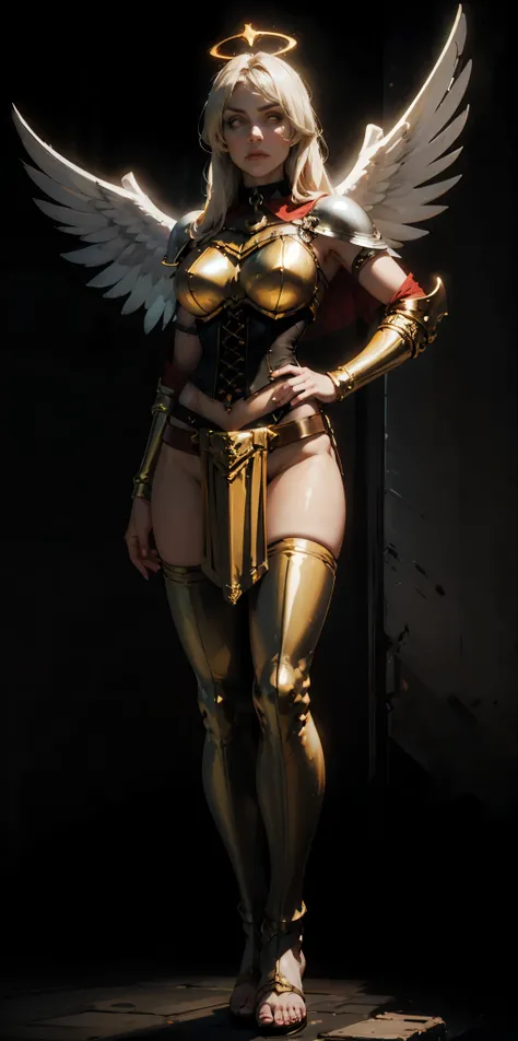 (Black background) paladin lady in ornate golden armor, long platinum blonde hair, choppy bangs, arched crescent eyebrows, sharp and determined eyes, a delicate oval face, a serious expression, black collar, pauldrons, breastplate, leather corset, glowing ...