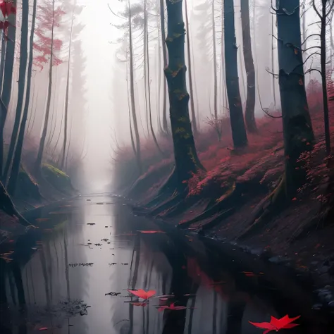 trees with red leaves in a forest with a stream of water, a matte painting by Wolfgang Zelmer, flickr, land art, red forest, red fog on the ground, german forest, beautiful misty wood, red trees, really beautiful forest, in a snowy forest setting, vibrant ...