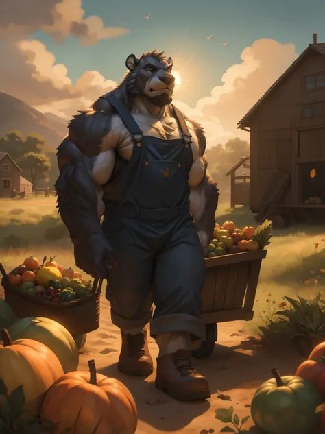 (best quality,4k,8k,highres,masterpiece:1.2),ultra-detailed,(realistic,photorealistic,photo-realistic:1.37),massive muscular, hyper muscular, bodybuilder, pectoal, thick arms, hyperc pec, huge muscular furry bull,old,white bearded,working as farmer,fruits,...