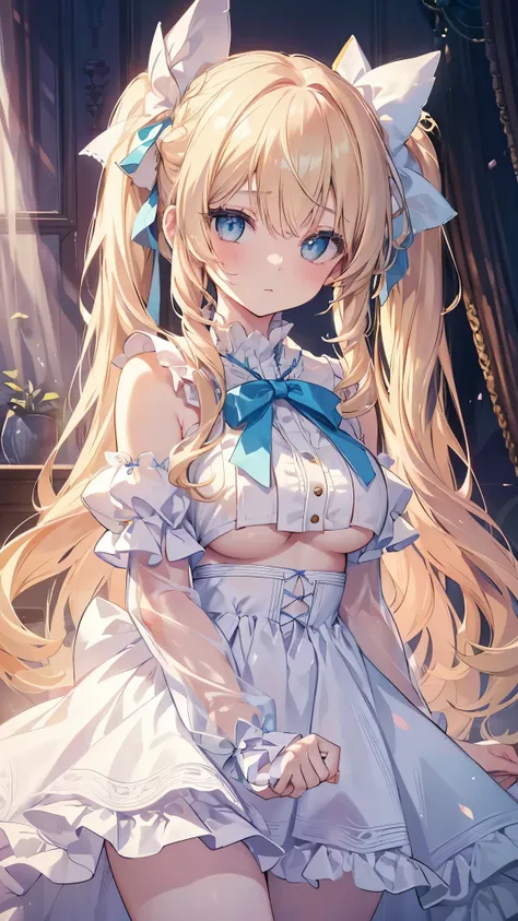 (Highest quality, highest resolution, super detailed, super detailed eyes, delicate eyes, shining eyes,) 1 girl, pale golden hair, long hair, loosely curled soft hair, pale aquamarine eyes, transparent lolita outfit, world of sweets, big ribbon, twin tails...