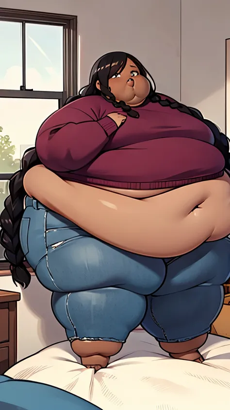 Extremely obese African-American woman, ((very long black braided hair)), belly hanging, (extremely obese), belly sagging, wearing a pink sweater and loose jeans, (((dark brown skin))), fat blob, fat arms, fat face, fat legs, fat rolls, in an bedroom, 