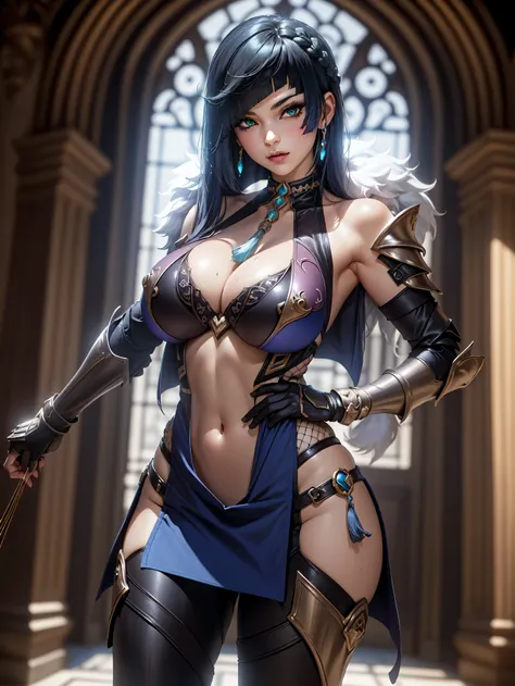 1girl,(sexy armor:1.5), full body, (depth of field), masterpiece,8k, dynamic poses, holding bow, ultra detail, (pretty face:1.4), (stocking:1.5), (navel:1.5), (large breasts:1.8), (perfect body:1.2), (cynematic light:1.5), (fantasy vibes:1.5), (req glowing...