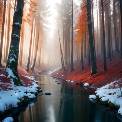 trees with red leaves in a forest with a stream of water, a matte painting by Wolfgang Zelmer, flickr, land art, red forest, red fog on the ground, german forest, beautiful misty wood, red trees, really beautiful forest, in a snowy forest setting, vibrant ...